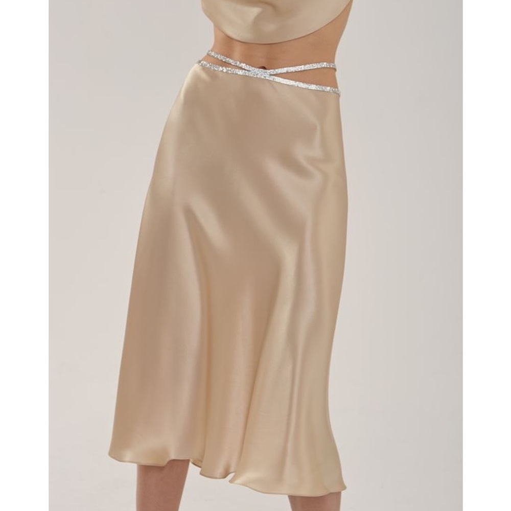 Nue Nué champagne gold silk midi skirt with crystal embellished belt